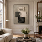 Wabi-Sabi abstract oil painting showing layered abstract marks, texture and expressive painterly movement in a brown palette.