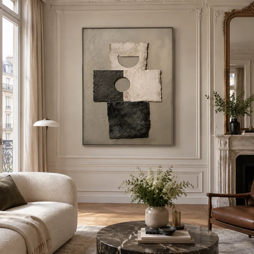 Wabi-Sabi abstract oil painting showing layered abstract marks, texture and expressive painterly movement in a brown palette.