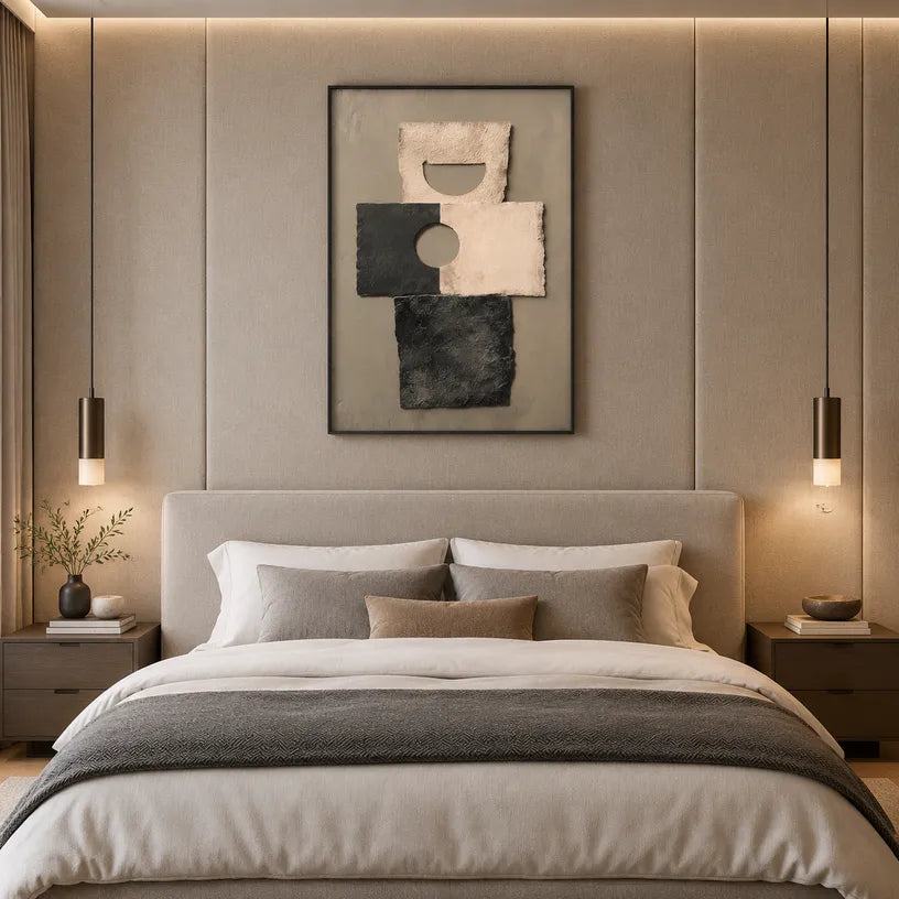 Wabi-Sabi abstract oil painting showing layered abstract marks, texture and expressive painterly movement in a brown palette.