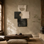 Wabi-Sabi abstract oil painting showing layered abstract marks, texture and expressive painterly movement in a brown palette.