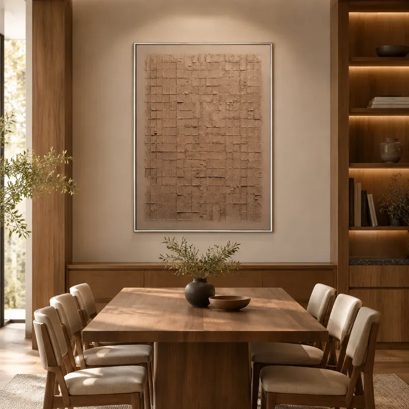 Wabi-Sabi abstract oil painting showing layered abstract marks, texture and expressive painterly movement in a brown palette.
