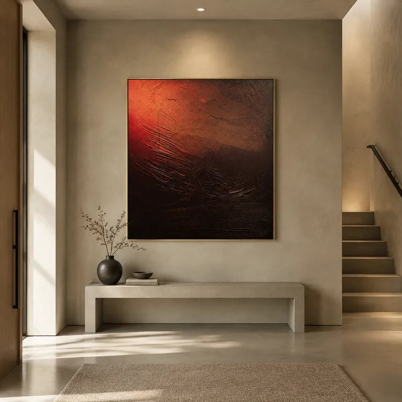 Wabi-Sabi abstract oil painting showing layered abstract marks, texture and expressive painterly movement in a black palette.