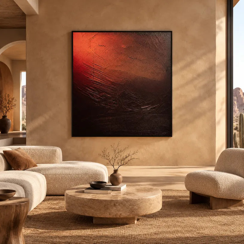 Wabi-Sabi abstract oil painting showing layered abstract marks, texture and expressive painterly movement in a black palette.