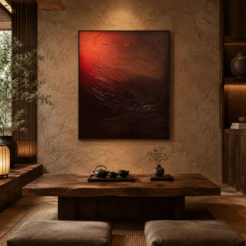 Wabi-Sabi abstract oil painting showing layered abstract marks, texture and expressive painterly movement in a black palette.
