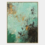 Wabi-Sabi abstract oil painting showing layered abstract marks, texture and expressive painterly movement in a green palette.