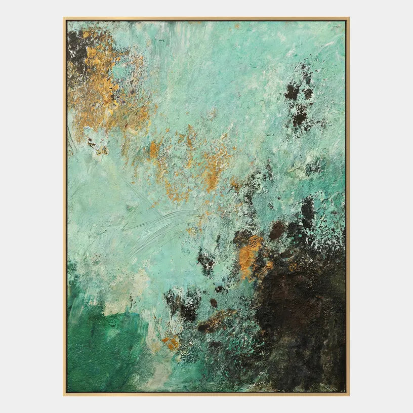 Wabi-Sabi abstract oil painting showing layered abstract marks, texture and expressive painterly movement in a green palette.