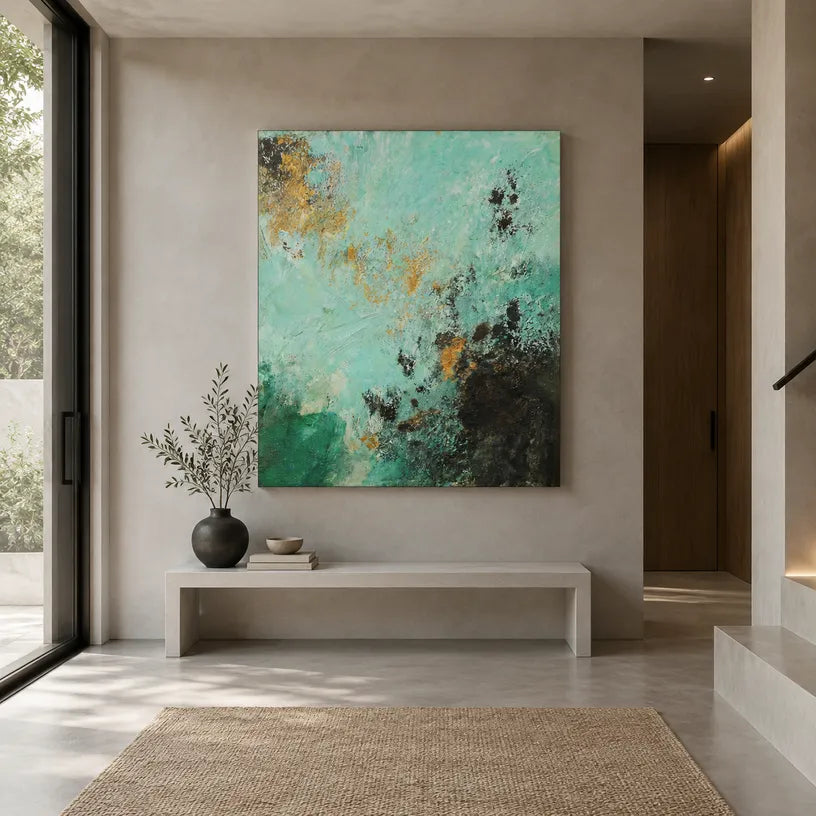 Wabi-Sabi abstract oil painting showing layered abstract marks, texture and expressive painterly movement in a green palette.