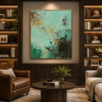 Wabi-Sabi abstract oil painting showing layered abstract marks, texture and expressive painterly movement in a green palette.