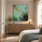 Wabi-Sabi abstract oil painting showing layered abstract marks, texture and expressive painterly movement in a green palette.