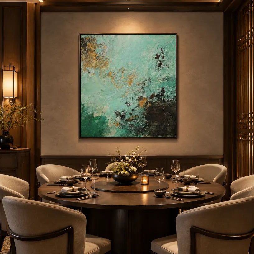 Wabi-Sabi abstract oil painting showing layered abstract marks, texture and expressive painterly movement in a green palette.