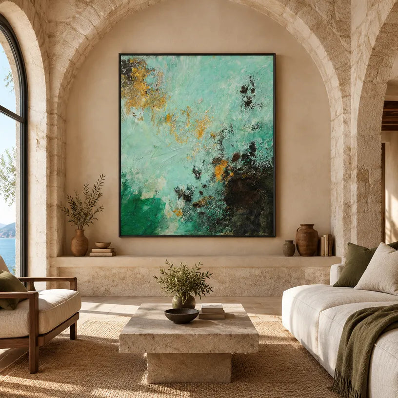 Wabi-Sabi abstract oil painting showing layered abstract marks, texture and expressive painterly movement in a green palette.