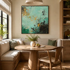 Wabi-Sabi abstract oil painting showing layered abstract marks, texture and expressive painterly movement in a green palette.