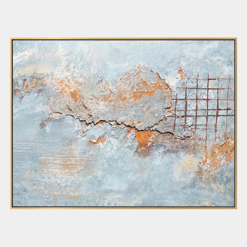 Wabi-Sabi abstract oil painting showing layered abstract marks, texture and expressive painterly movement in a grey palette.