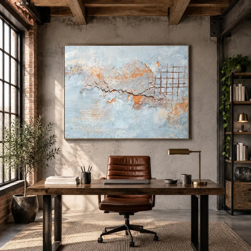 Wabi-Sabi abstract oil painting showing layered abstract marks, texture and expressive painterly movement in a grey palette.
