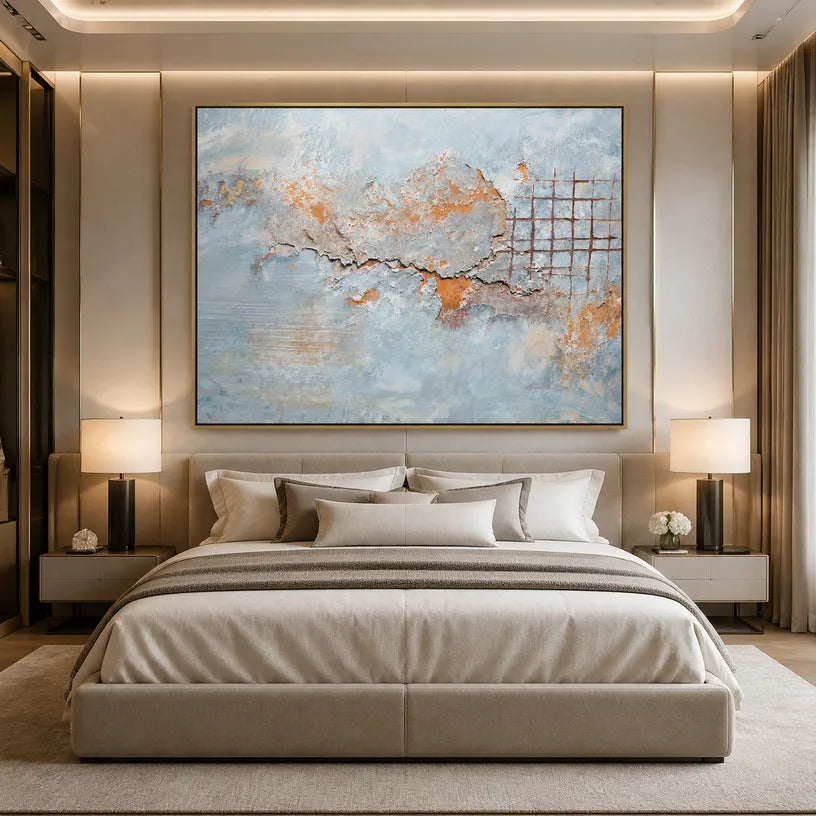 Wabi-Sabi abstract oil painting showing layered abstract marks, texture and expressive painterly movement in a grey palette.