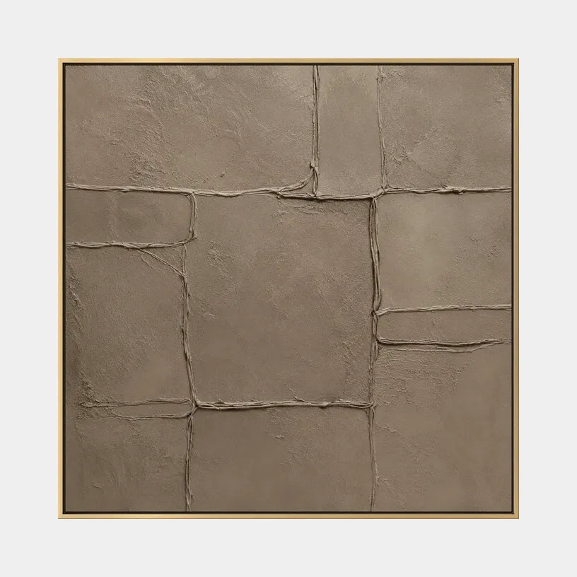 Wabi-Sabi abstract oil painting showing layered abstract marks, texture and expressive painterly movement in a brown palette.