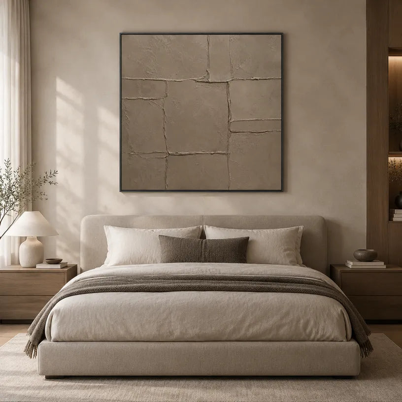 Wabi-Sabi abstract oil painting showing layered abstract marks, texture and expressive painterly movement in a brown palette.