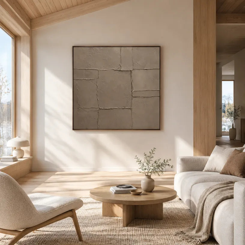 Wabi-Sabi abstract oil painting showing layered abstract marks, texture and expressive painterly movement in a brown palette.