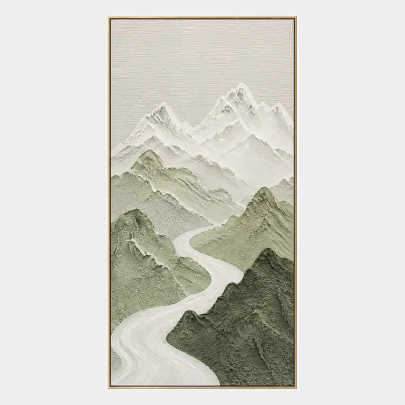 Wabi-Sabi-Ölgemälde „Landschaften, Seestücke und Stadtansichten“ mit einer stimmungsvollen Landschafts-, Seestücks- oder Stadtkomposition in einer grünen Farbpalette.