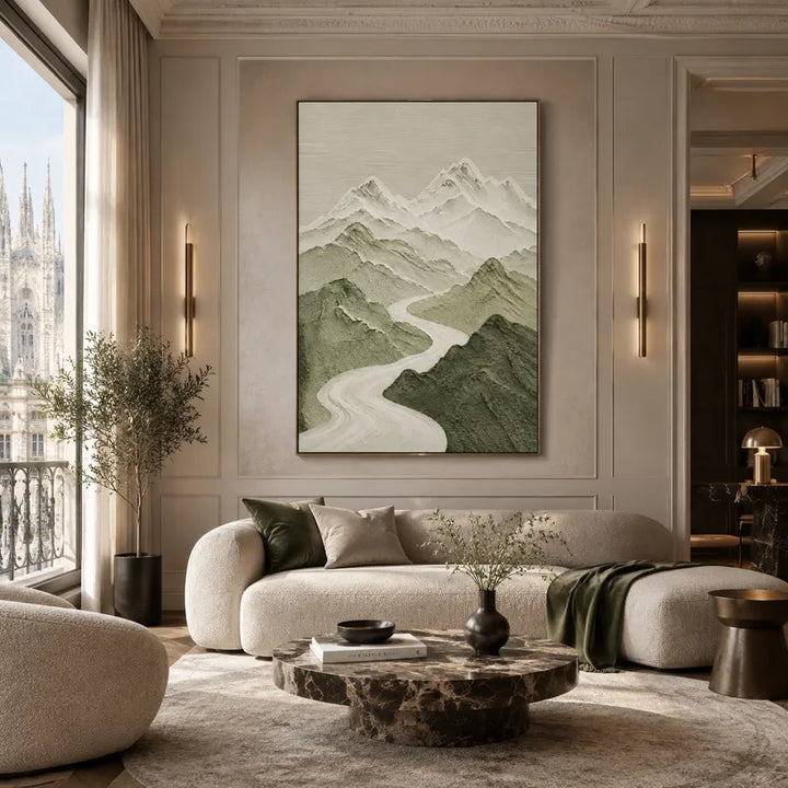 Dipinto a olio Wabi-Sabi con paesaggi, paesaggi marini e paesaggi urbani, caratterizzato da un paesaggio atmosferico, da un paesaggio marino o da una composizione ispirata alla città in una tavolozza verde.