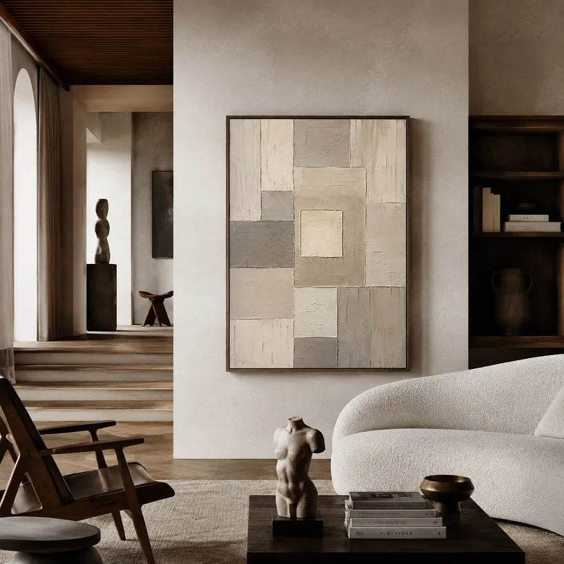 Wabi-Sabi abstract oil painting showing layered abstract marks, texture and expressive painterly movement in a brown palette.