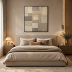 Wabi-Sabi abstract oil painting showing layered abstract marks, texture and expressive painterly movement in a brown palette.