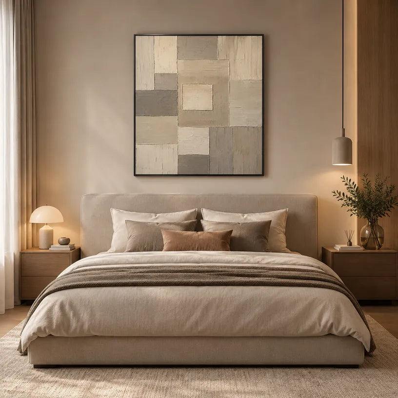 Wabi-Sabi abstract oil painting showing layered abstract marks, texture and expressive painterly movement in a brown palette.