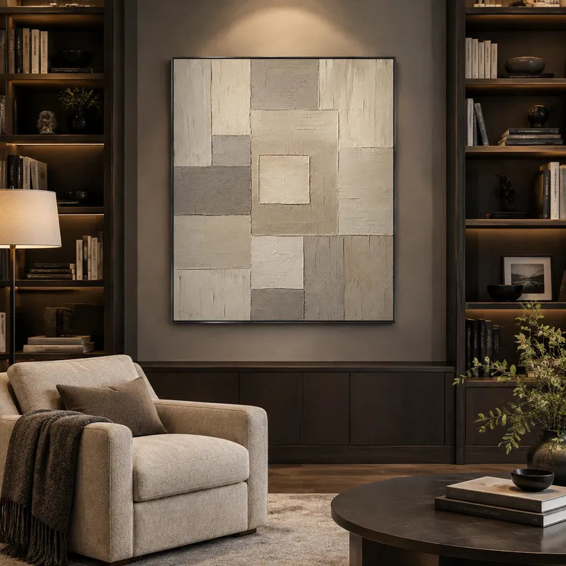 Wabi-Sabi abstract oil painting showing layered abstract marks, texture and expressive painterly movement in a brown palette.