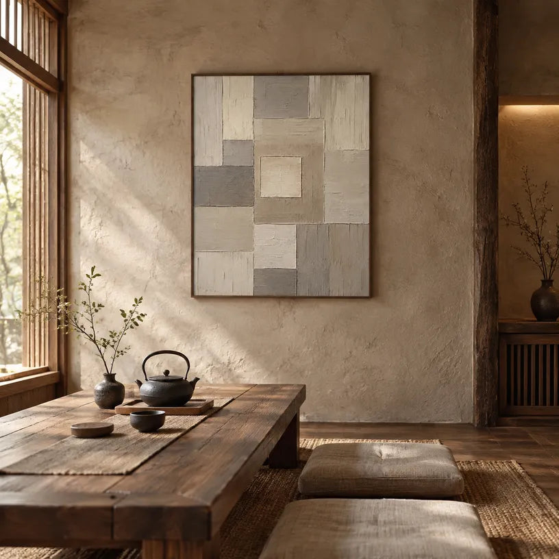 Wabi-Sabi abstract oil painting showing layered abstract marks, texture and expressive painterly movement in a brown palette.