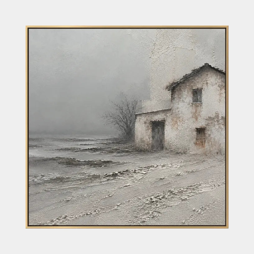 Wabi-Sabi abstract oil painting showing layered abstract marks, texture and expressive painterly movement in a grey palette.