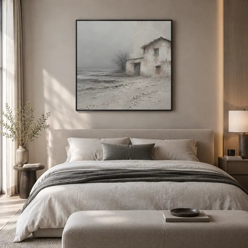 Wabi-Sabi abstract oil painting showing layered abstract marks, texture and expressive painterly movement in a grey palette.