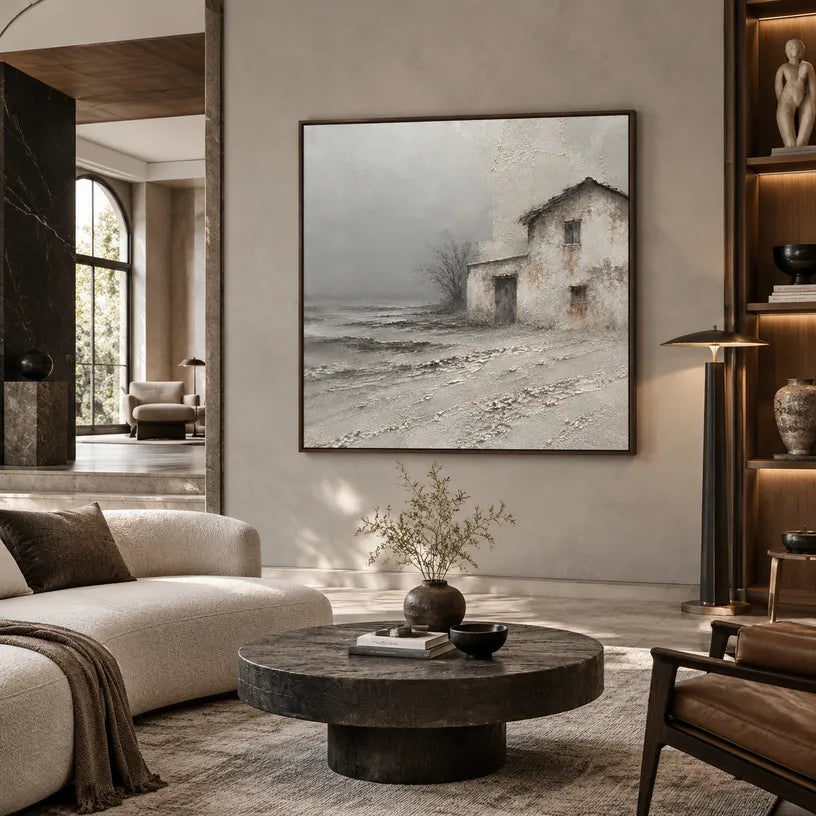 Wabi-Sabi abstract oil painting showing layered abstract marks, texture and expressive painterly movement in a grey palette.