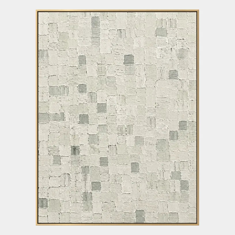 Wabi-Sabi abstract oil painting showing layered abstract marks, texture and expressive painterly movement in a grey palette.