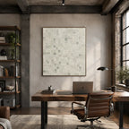 Wabi-Sabi abstract oil painting showing layered abstract marks, texture and expressive painterly movement in a grey palette.