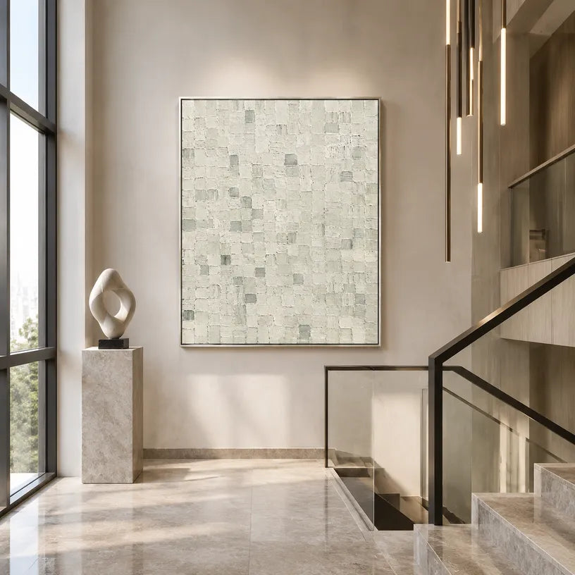 Wabi-Sabi abstract oil painting showing layered abstract marks, texture and expressive painterly movement in a grey palette.