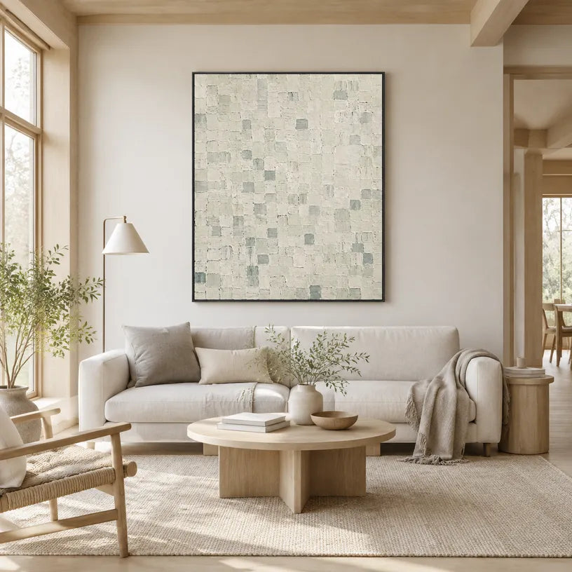 Wabi-Sabi abstract oil painting showing layered abstract marks, texture and expressive painterly movement in a grey palette.