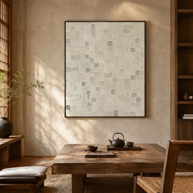 Wabi-Sabi abstract oil painting showing layered abstract marks, texture and expressive painterly movement in a grey palette.