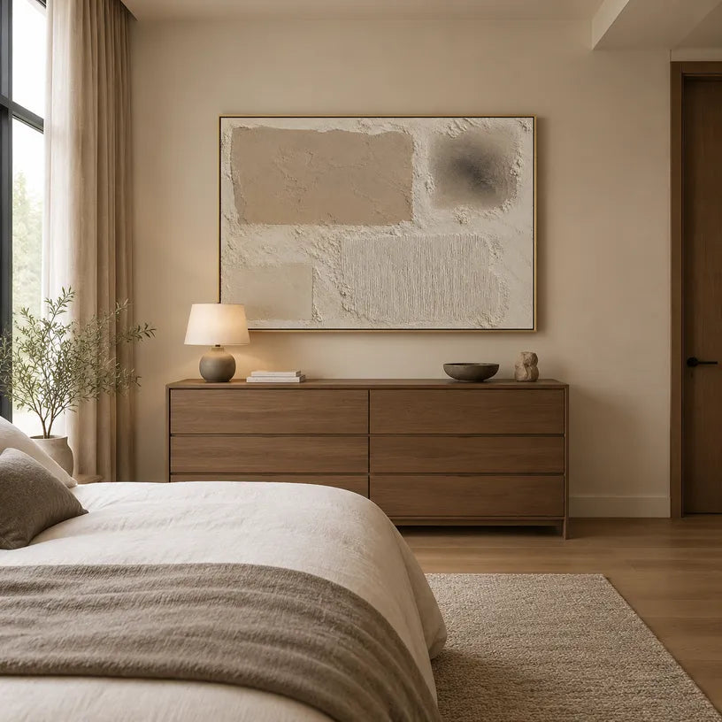 Wabi-Sabi abstract oil painting showing layered abstract marks, texture and expressive painterly movement in a brown palette.