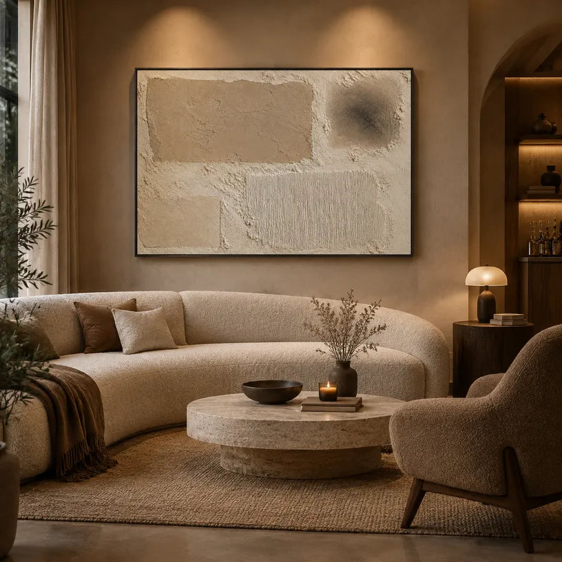Wabi-Sabi abstract oil painting showing layered abstract marks, texture and expressive painterly movement in a brown palette.