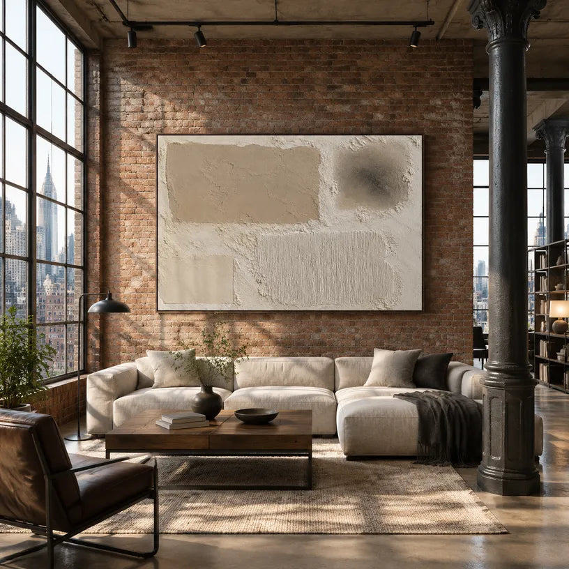 Wabi-Sabi abstract oil painting showing layered abstract marks, texture and expressive painterly movement in a brown palette.