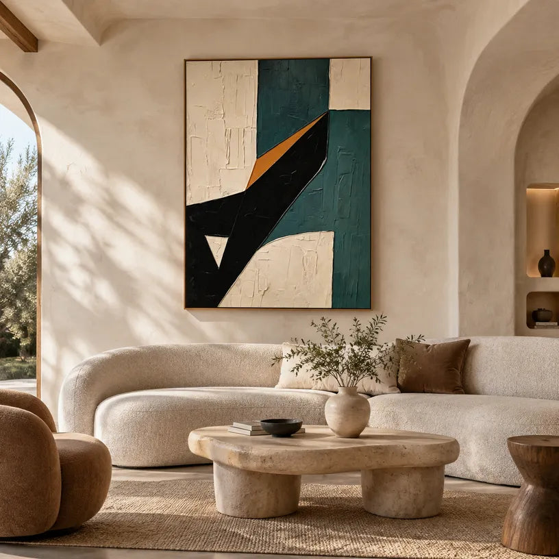 Wabi-Sabi abstract oil painting showing layered abstract marks, texture and expressive painterly movement in a beige palette.