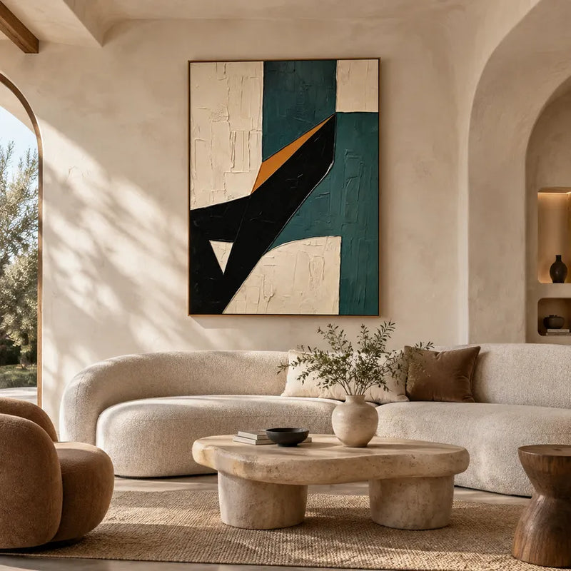 Pittura a olio astratta e concettuale Wabi-Sabi con segni astratti stratificati, consistenza e movimento pittorico espressivo.