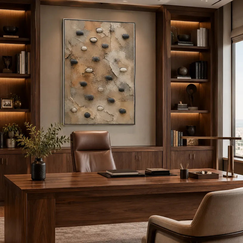 Wabi-Sabi abstract oil painting showing layered abstract marks, texture and expressive painterly movement in a brown palette.