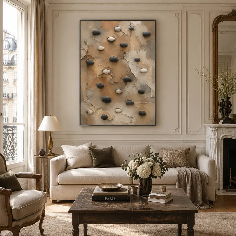 Wabi-Sabi abstract oil painting showing layered abstract marks, texture and expressive painterly movement in a brown palette.