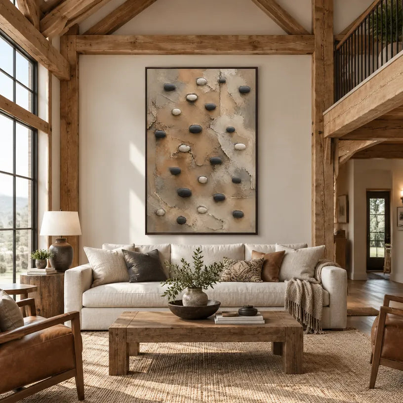 Wabi-Sabi abstract oil painting showing layered abstract marks, texture and expressive painterly movement in a brown palette.