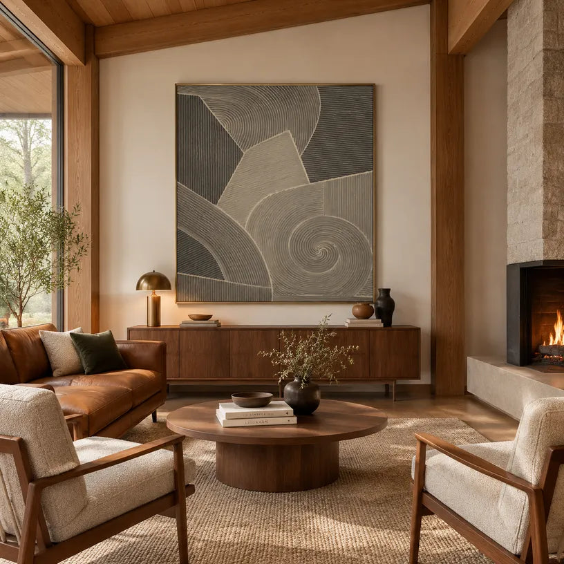 Wabi-Sabi abstract oil painting showing layered abstract marks, texture and expressive painterly movement in a brown palette.