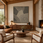 Wabi-Sabi abstract oil painting showing layered abstract marks, texture and expressive painterly movement in a brown palette.