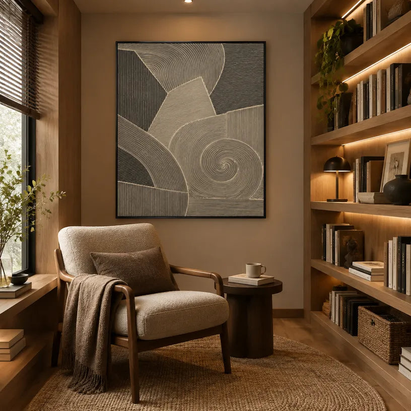 Wabi-Sabi abstract oil painting showing layered abstract marks, texture and expressive painterly movement in a brown palette.