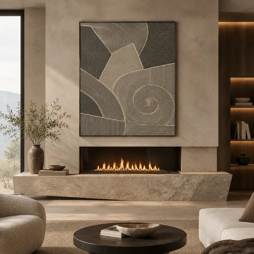 Wabi-Sabi abstract oil painting showing layered abstract marks, texture and expressive painterly movement in a brown palette.