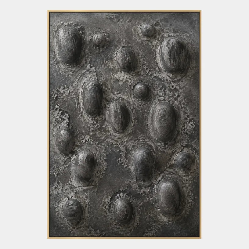 Wabi-Sabi abstract oil painting showing layered abstract marks, texture and expressive painterly movement in a black palette.